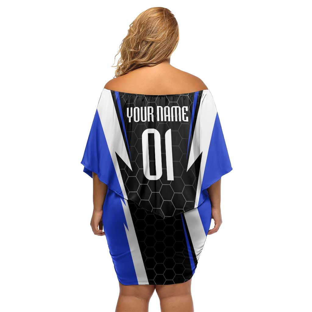 Custom Walleye Fishing Family Matching Off Shoulder Short Dress and Hawaiian Shirt with Jumping Fish Splash and Blue Black Hexagon Pattern - Wonder Print Shop