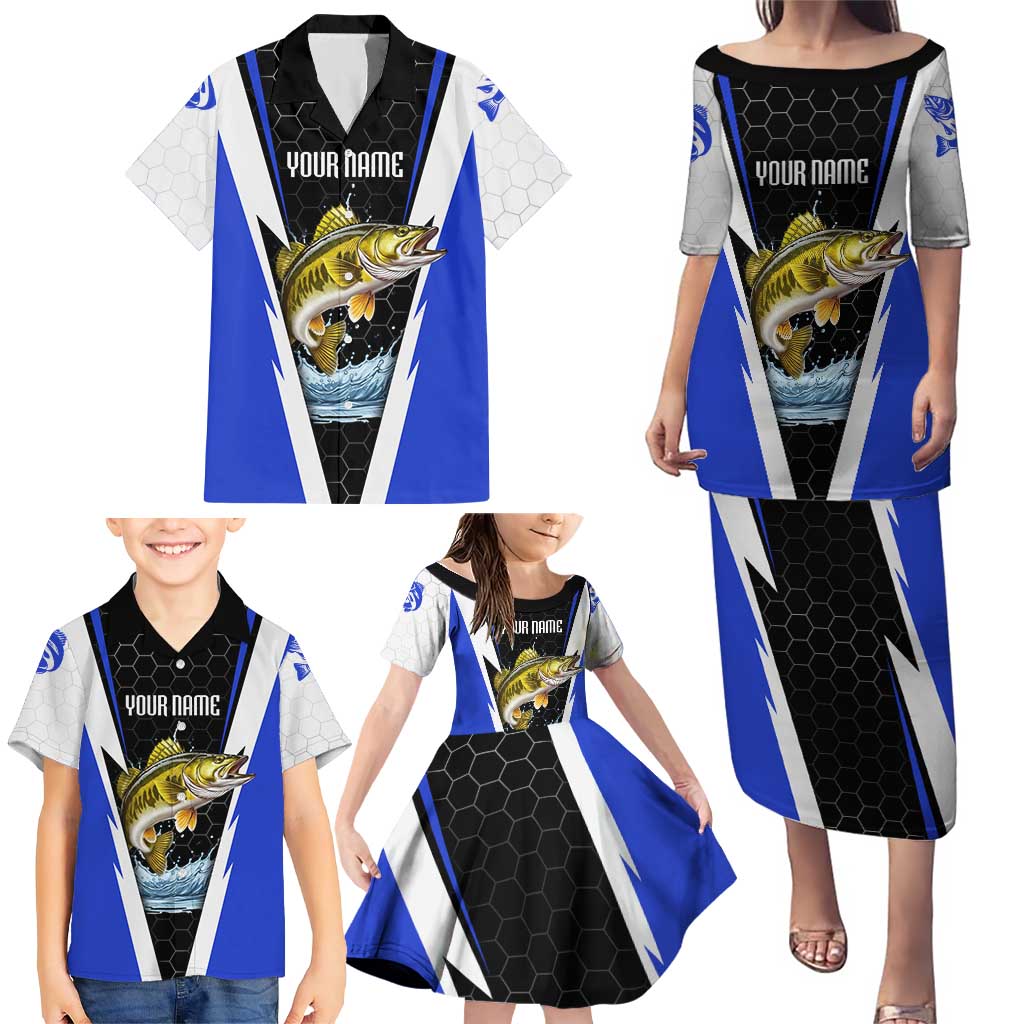 Custom Walleye Fishing Family Matching Puletasi and Hawaiian Shirt with Jumping Fish Splash and Blue Black Hexagon Pattern - Wonder Print Shop