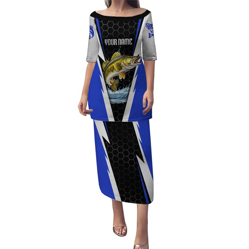 Custom Walleye Fishing Family Matching Puletasi and Hawaiian Shirt with Jumping Fish Splash and Blue Black Hexagon Pattern - Wonder Print Shop