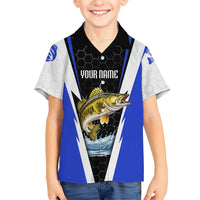 Custom Walleye Fishing Family Matching Puletasi and Hawaiian Shirt with Jumping Fish Splash and Blue Black Hexagon Pattern - Wonder Print Shop