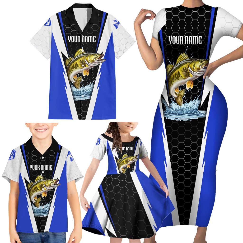 Custom Walleye Fishing Family Matching Short Sleeve Bodycon Dress and Hawaiian Shirt with Jumping Fish Splash and Blue Black Hexagon Pattern - Wonder Print Shop