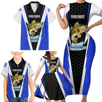 Custom Walleye Fishing Family Matching Short Sleeve Bodycon Dress and Hawaiian Shirt with Jumping Fish Splash and Blue Black Hexagon Pattern - Wonder Print Shop
