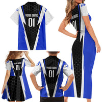 Custom Walleye Fishing Family Matching Short Sleeve Bodycon Dress and Hawaiian Shirt with Jumping Fish Splash and Blue Black Hexagon Pattern - Wonder Print Shop