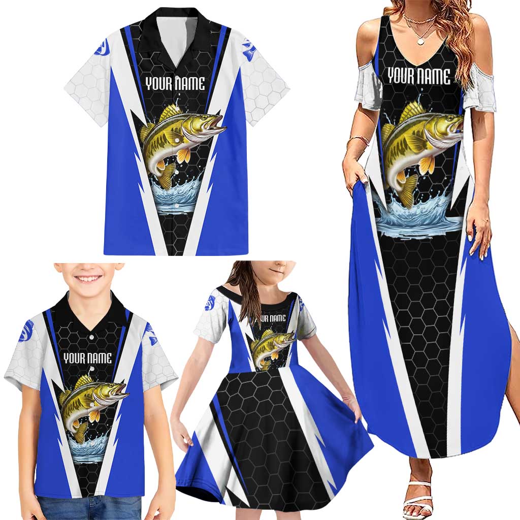 Custom Walleye Fishing Family Matching Summer Maxi Dress and Hawaiian Shirt with Jumping Fish Splash and Blue Black Hexagon Pattern - Wonder Print Shop