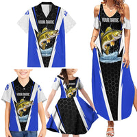 Custom Walleye Fishing Family Matching Summer Maxi Dress and Hawaiian Shirt with Jumping Fish Splash and Blue Black Hexagon Pattern - Wonder Print Shop