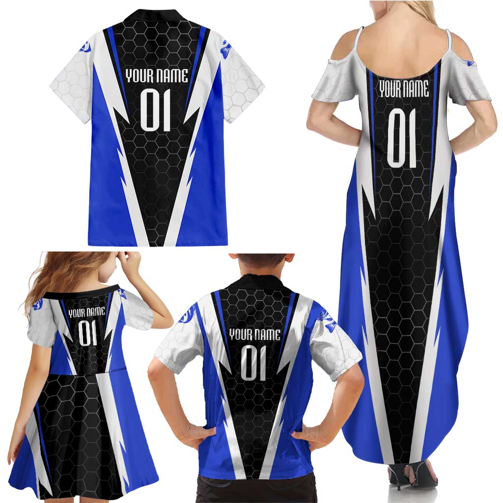 Custom Walleye Fishing Family Matching Summer Maxi Dress and Hawaiian Shirt with Jumping Fish Splash and Blue Black Hexagon Pattern - Wonder Print Shop