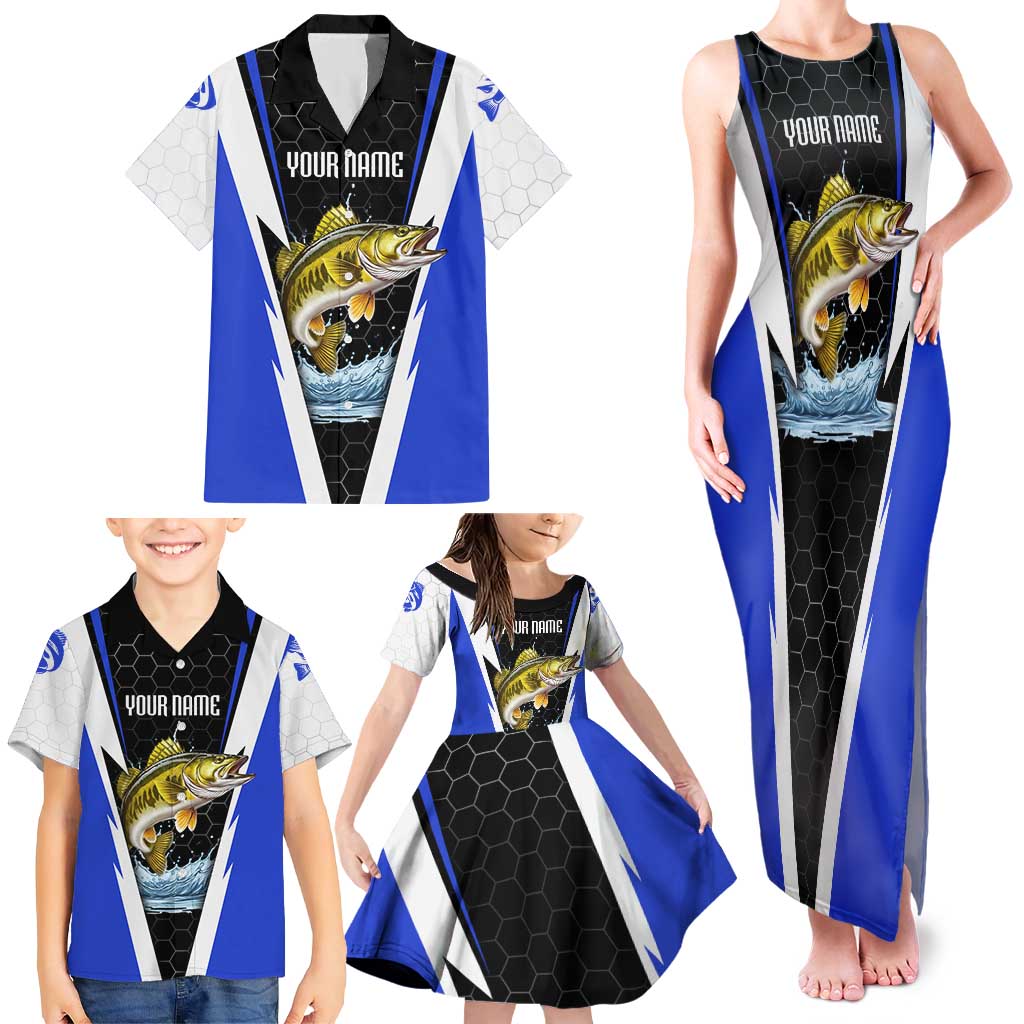Custom Walleye Fishing Family Matching Tank Maxi Dress and Hawaiian Shirt with Jumping Fish Splash and Blue Black Hexagon Pattern - Wonder Print Shop