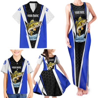 Custom Walleye Fishing Family Matching Tank Maxi Dress and Hawaiian Shirt with Jumping Fish Splash and Blue Black Hexagon Pattern - Wonder Print Shop