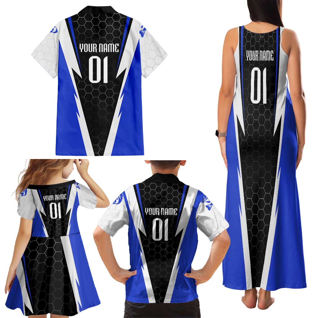 Custom Walleye Fishing Family Matching Tank Maxi Dress and Hawaiian Shirt with Jumping Fish Splash and Blue Black Hexagon Pattern - Wonder Print Shop