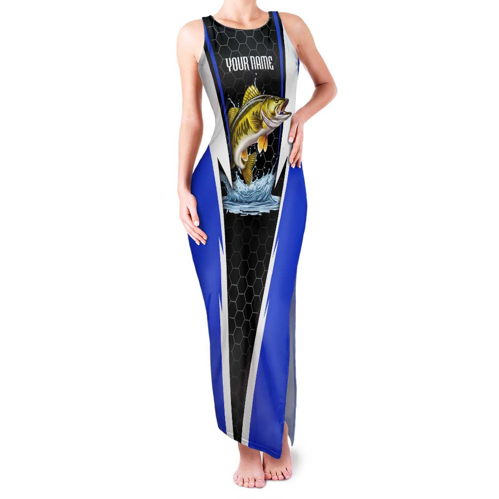 Custom Walleye Fishing Family Matching Tank Maxi Dress and Hawaiian Shirt with Jumping Fish Splash and Blue Black Hexagon Pattern - Wonder Print Shop