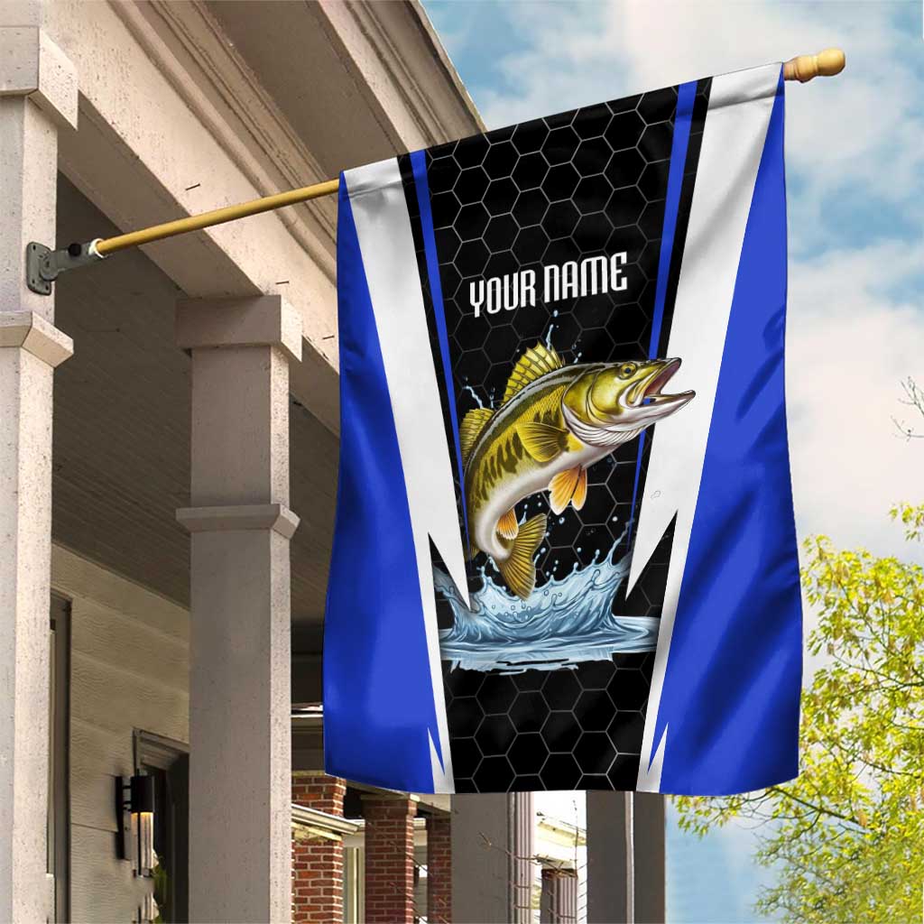 Custom Walleye Fishing Garden Flag with Jumping Fish Splash and Blue Black Hexagon Pattern - Wonder Print Shop