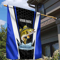 Custom Walleye Fishing Garden Flag with Jumping Fish Splash and Blue Black Hexagon Pattern - Wonder Print Shop