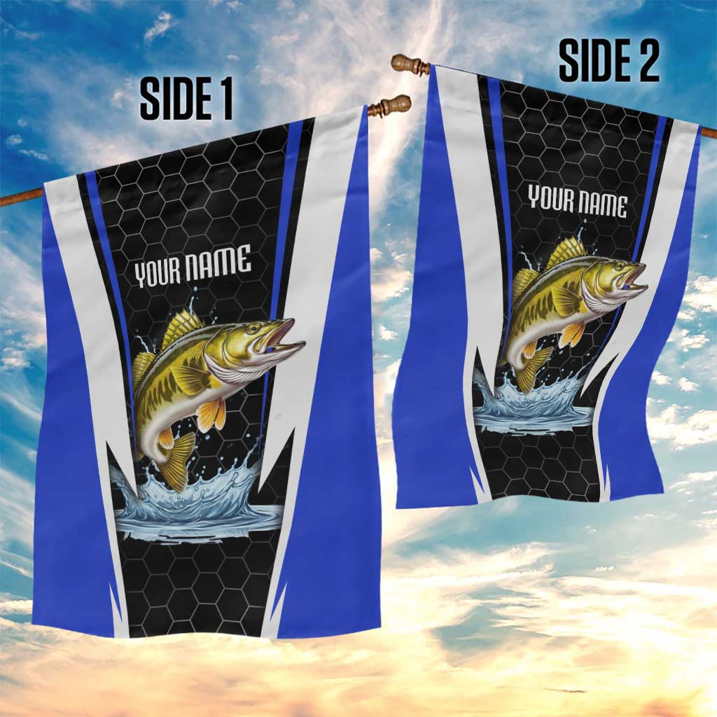 Custom Walleye Fishing Garden Flag with Jumping Fish Splash and Blue Black Hexagon Pattern - Wonder Print Shop