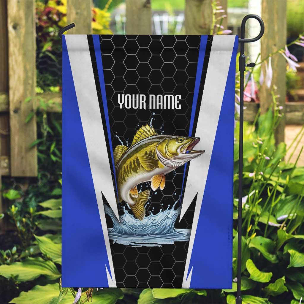 Custom Walleye Fishing Garden Flag with Jumping Fish Splash and Blue Black Hexagon Pattern - Wonder Print Shop