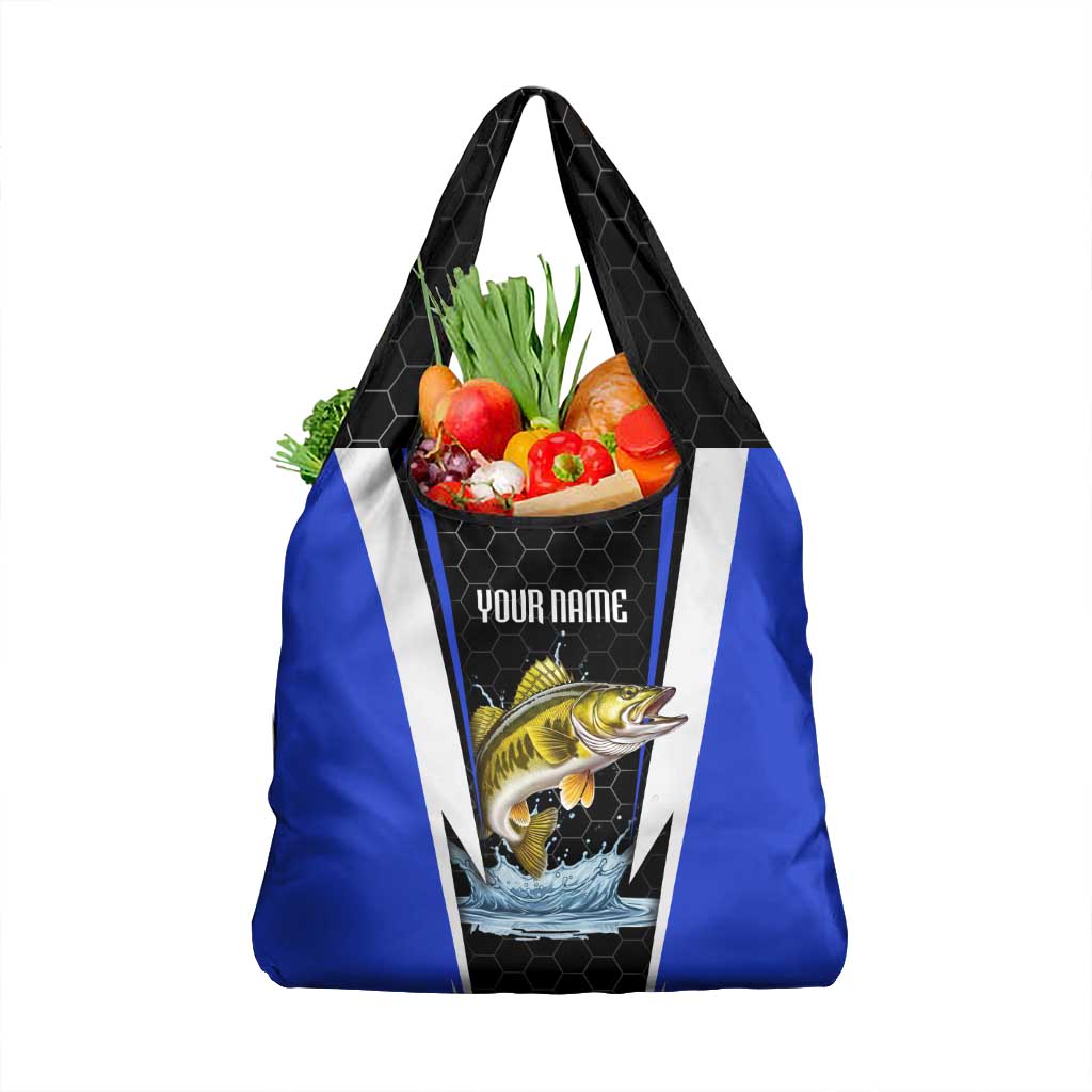 Custom Walleye Fishing Grocery Bag with Jumping Fish Splash and Blue Black Hexagon Pattern - Wonder Print Shop