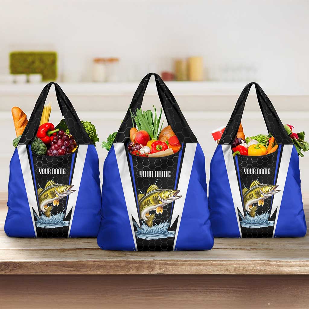 Custom Walleye Fishing Grocery Bag with Jumping Fish Splash and Blue Black Hexagon Pattern - Wonder Print Shop