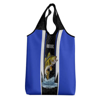 Custom Walleye Fishing Grocery Bag with Jumping Fish Splash and Blue Black Hexagon Pattern - Wonder Print Shop