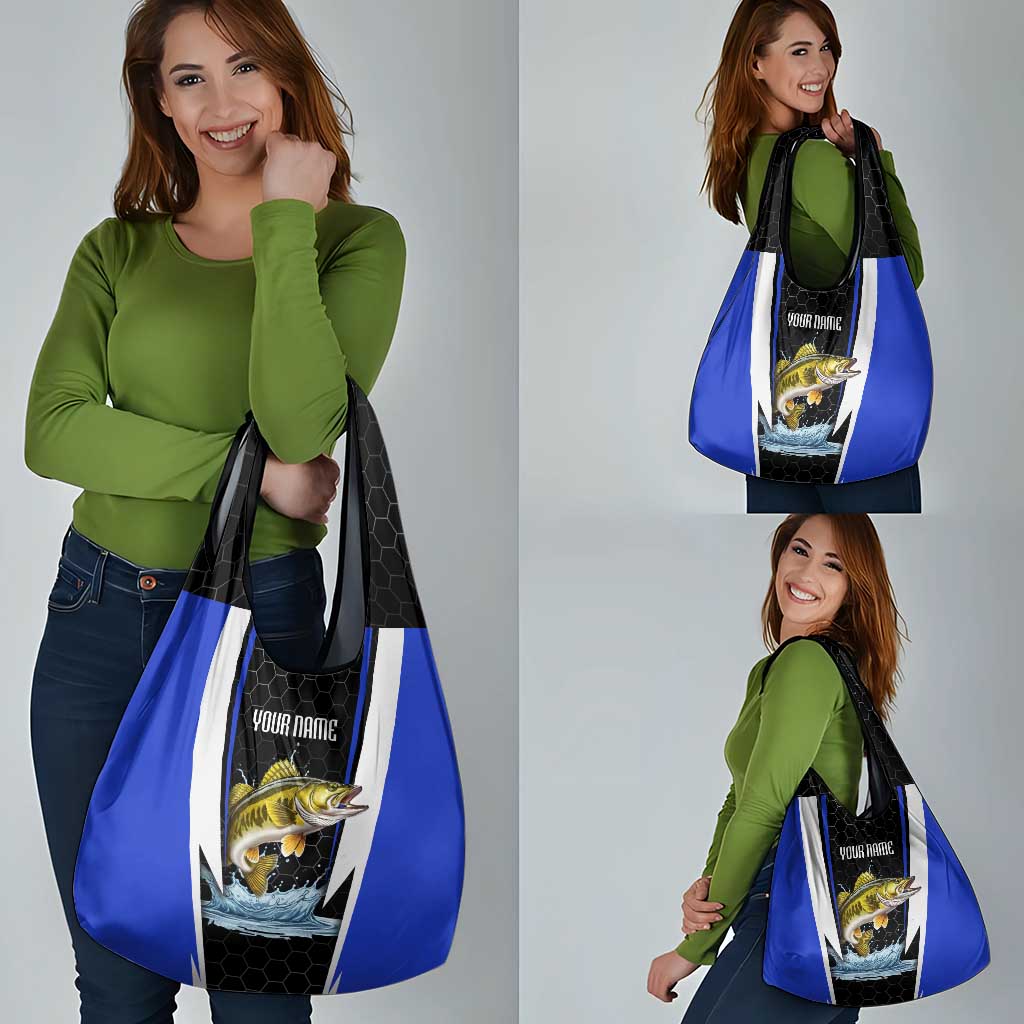Custom Walleye Fishing Grocery Bag with Jumping Fish Splash and Blue Black Hexagon Pattern - Wonder Print Shop