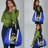 Custom Walleye Fishing Grocery Bag with Jumping Fish Splash and Blue Black Hexagon Pattern - Wonder Print Shop