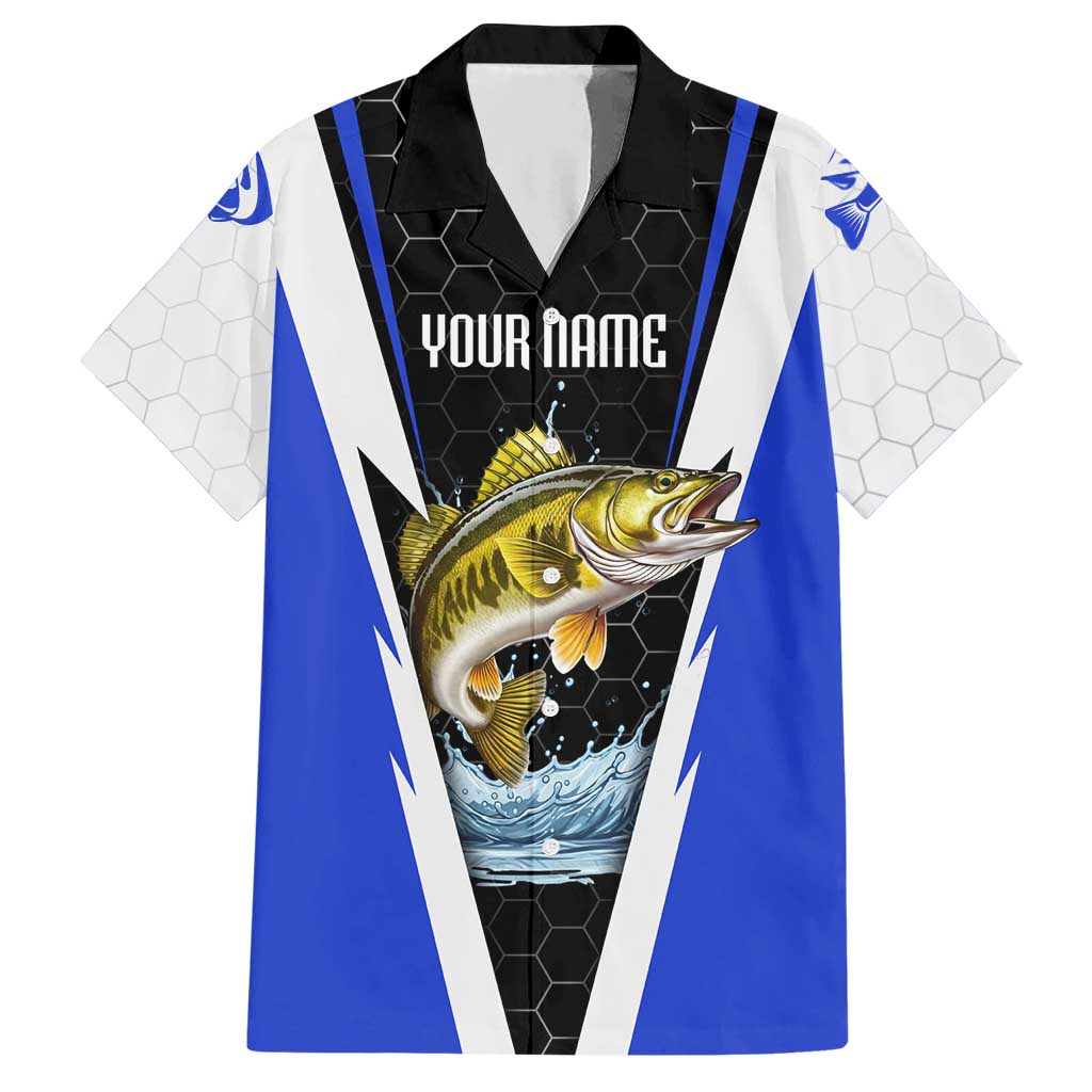 Custom Walleye Fishing Hawaiian Shirt with Jumping Fish Splash and Blue Black Hexagon Pattern - Wonder Print Shop