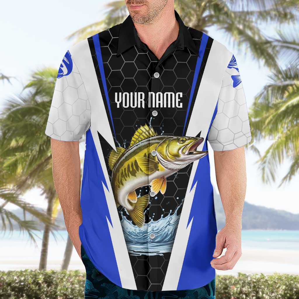 Custom Walleye Fishing Hawaiian Shirt with Jumping Fish Splash and Blue Black Hexagon Pattern - Wonder Print Shop