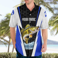 Custom Walleye Fishing Hawaiian Shirt with Jumping Fish Splash and Blue Black Hexagon Pattern - Wonder Print Shop