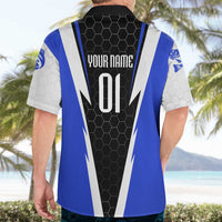 Custom Walleye Fishing Hawaiian Shirt with Jumping Fish Splash and Blue Black Hexagon Pattern - Wonder Print Shop