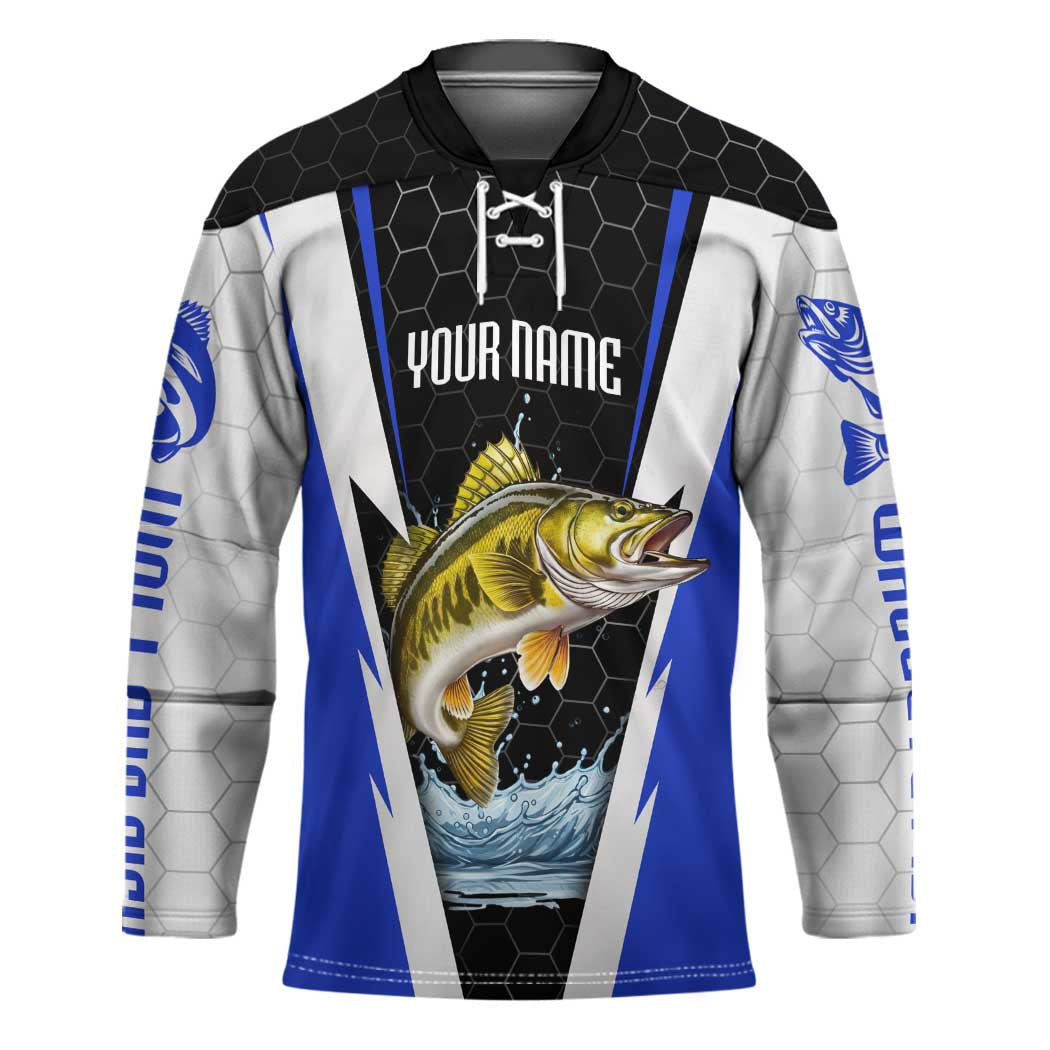 Custom Walleye Fishing Hockey Jersey with Jumping Fish Splash and Blue Black Hexagon Pattern - Wonder Print Shop