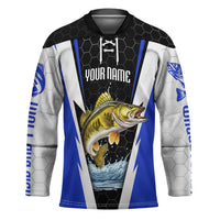 Custom Walleye Fishing Hockey Jersey with Jumping Fish Splash and Blue Black Hexagon Pattern - Wonder Print Shop