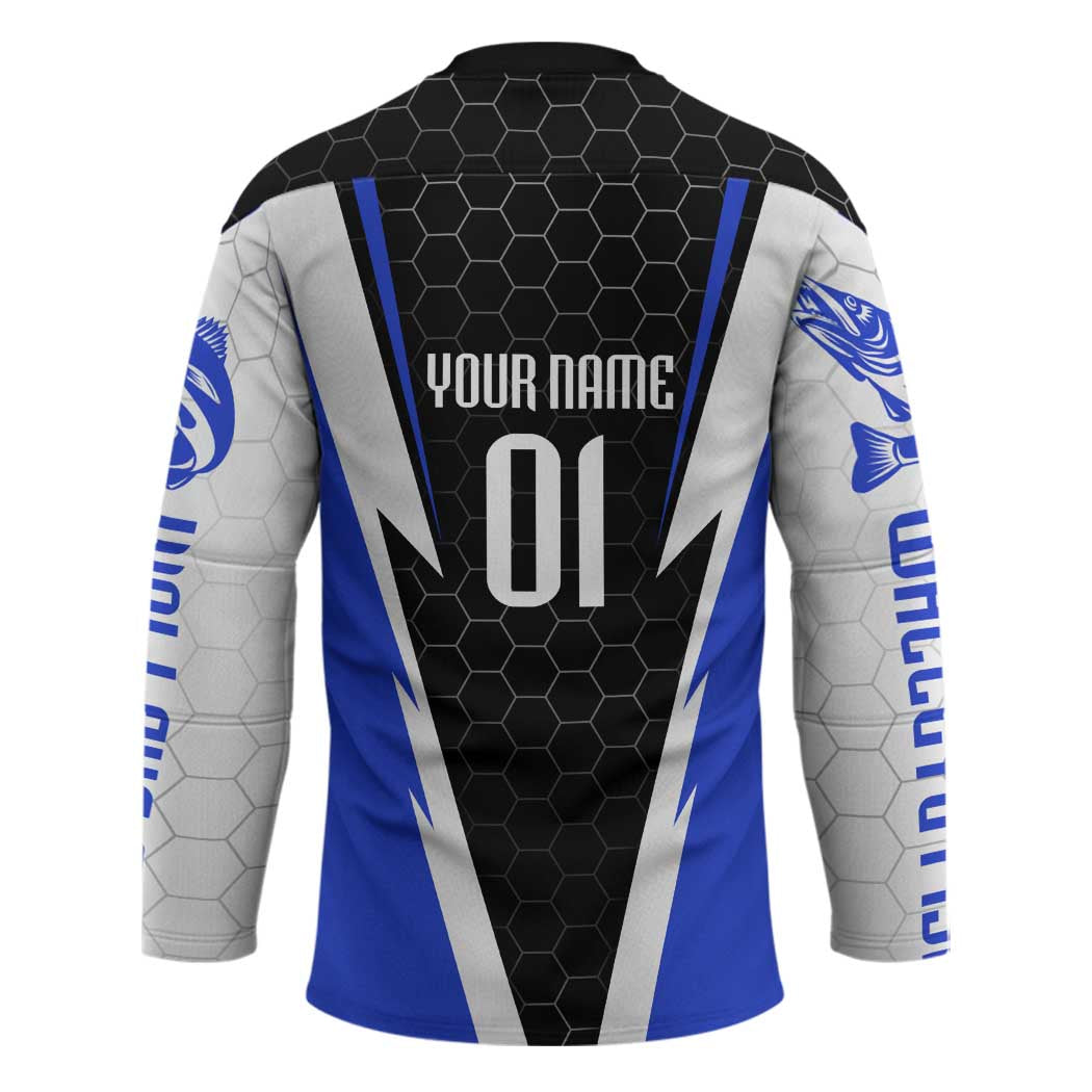 Custom Walleye Fishing Hockey Jersey with Jumping Fish Splash and Blue Black Hexagon Pattern - Wonder Print Shop