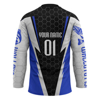 Custom Walleye Fishing Hockey Jersey with Jumping Fish Splash and Blue Black Hexagon Pattern - Wonder Print Shop