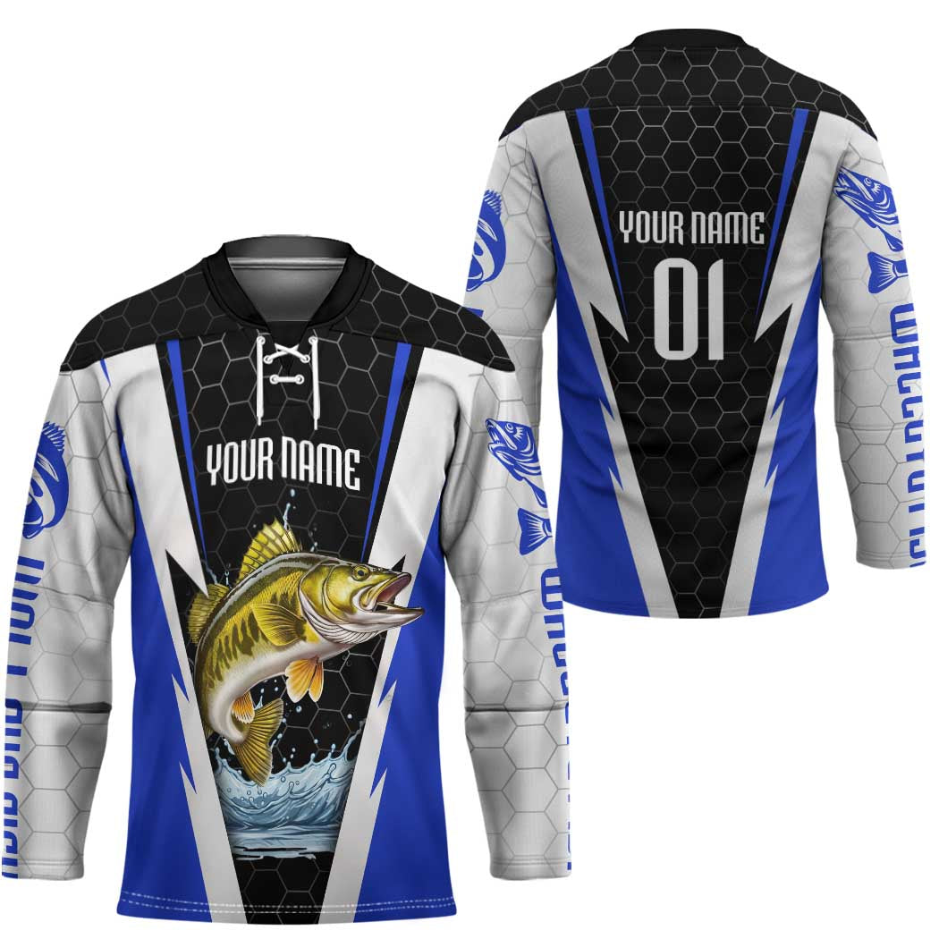 Custom Walleye Fishing Hockey Jersey with Jumping Fish Splash and Blue Black Hexagon Pattern - Wonder Print Shop