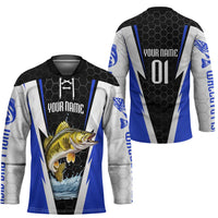 Custom Walleye Fishing Hockey Jersey with Jumping Fish Splash and Blue Black Hexagon Pattern - Wonder Print Shop