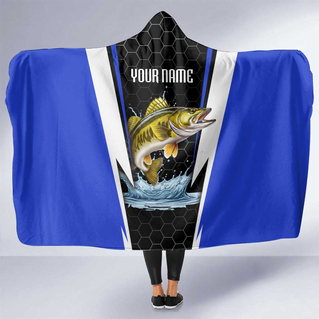 Custom Walleye Fishing Hooded Blanket with Jumping Fish Splash and Blue Black Hexagon Pattern - Wonder Print Shop
