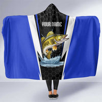 Custom Walleye Fishing Hooded Blanket with Jumping Fish Splash and Blue Black Hexagon Pattern - Wonder Print Shop
