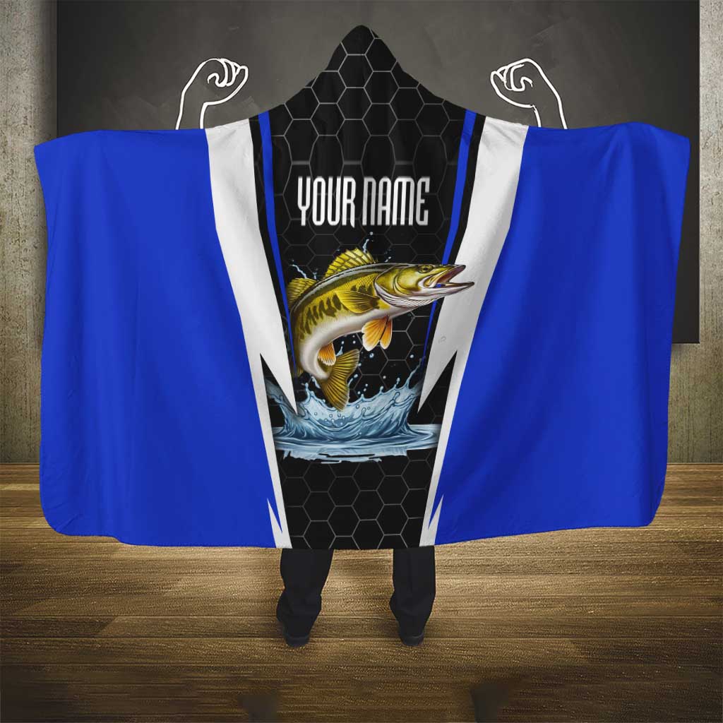 Custom Walleye Fishing Hooded Blanket with Jumping Fish Splash and Blue Black Hexagon Pattern - Wonder Print Shop