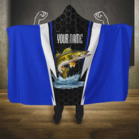 Custom Walleye Fishing Hooded Blanket with Jumping Fish Splash and Blue Black Hexagon Pattern - Wonder Print Shop