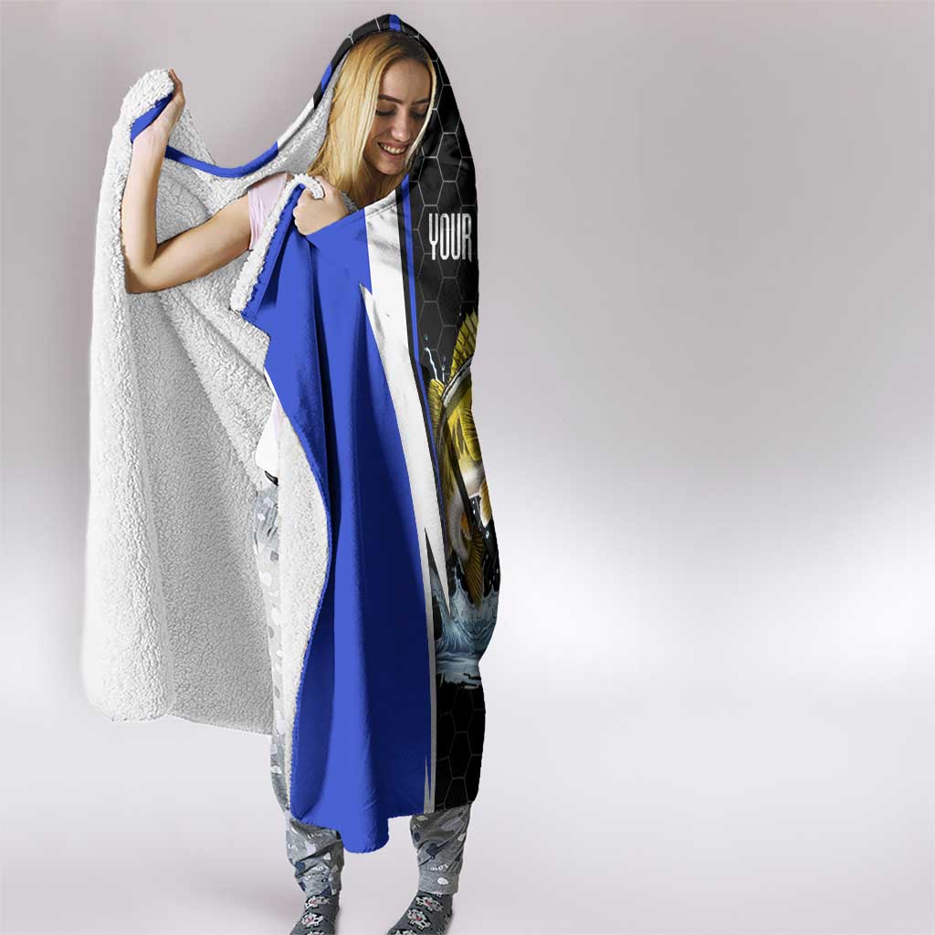 Custom Walleye Fishing Hooded Blanket with Jumping Fish Splash and Blue Black Hexagon Pattern - Wonder Print Shop