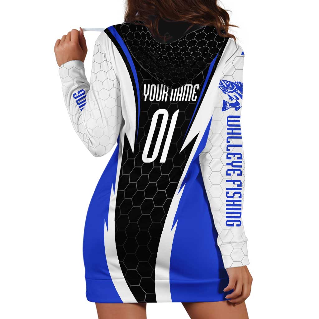 Custom Walleye Fishing Hoodie Dress with Jumping Fish Splash and Blue Black Hexagon Pattern - Wonder Print Shop