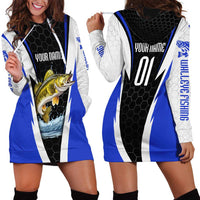 Custom Walleye Fishing Hoodie Dress with Jumping Fish Splash and Blue Black Hexagon Pattern - Wonder Print Shop