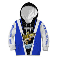 Custom Walleye Fishing Kid Hoodie with Jumping Fish Splash and Blue Black Hexagon Pattern - Wonder Print Shop