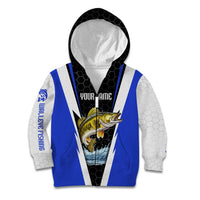 Custom Walleye Fishing Kid Hoodie with Jumping Fish Splash and Blue Black Hexagon Pattern - Wonder Print Shop
