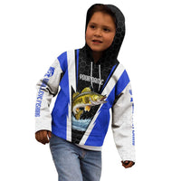 Custom Walleye Fishing Kid Hoodie with Jumping Fish Splash and Blue Black Hexagon Pattern - Wonder Print Shop