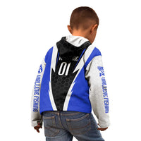 Custom Walleye Fishing Kid Hoodie with Jumping Fish Splash and Blue Black Hexagon Pattern - Wonder Print Shop