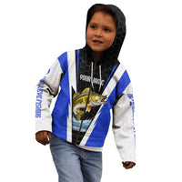 Custom Walleye Fishing Kid Hoodie with Jumping Fish Splash and Blue Black Hexagon Pattern - Wonder Print Shop