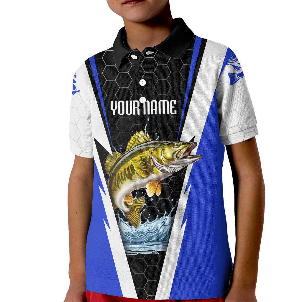 Custom Walleye Fishing Kid Polo Shirt with Jumping Fish Splash and Blue Black Hexagon Pattern - Wonder Print Shop