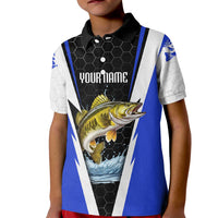 Custom Walleye Fishing Kid Polo Shirt with Jumping Fish Splash and Blue Black Hexagon Pattern - Wonder Print Shop