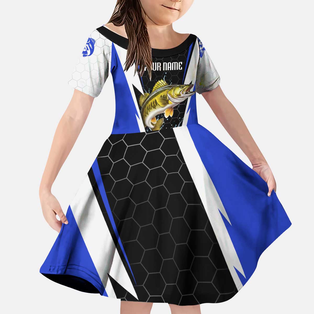 Custom Walleye Fishing Kid Short Sleeve Dress with Jumping Fish Splash and Blue Black Hexagon Pattern - Wonder Print Shop