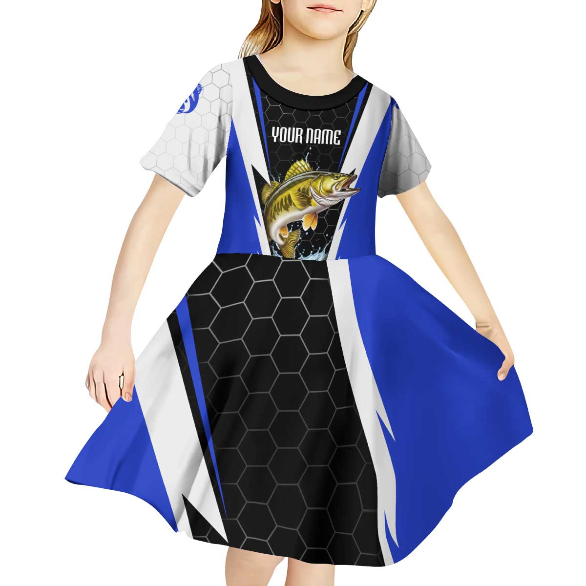Custom Walleye Fishing Kid Short Sleeve Dress with Jumping Fish Splash and Blue Black Hexagon Pattern - Wonder Print Shop