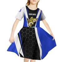 Custom Walleye Fishing Kid Short Sleeve Dress with Jumping Fish Splash and Blue Black Hexagon Pattern - Wonder Print Shop